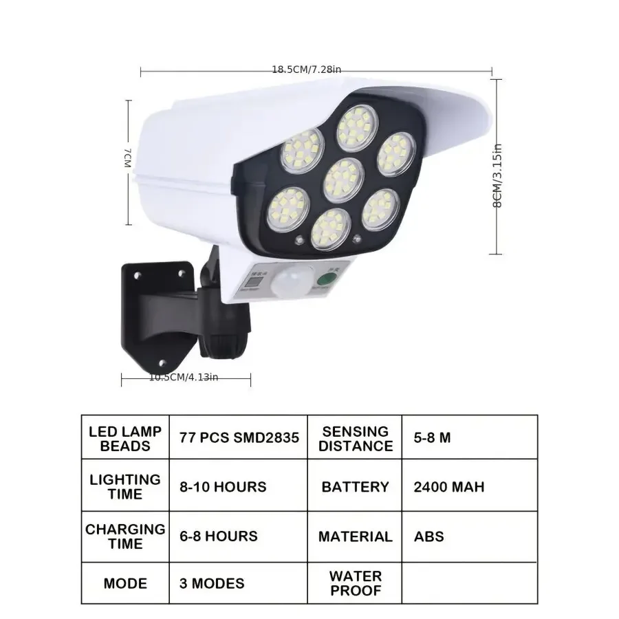 Description Picture 5 of itemOutdoor Motion Sensor Solar Lights 77 LED FloodLight Waterproof Wireless Dummy Decoy Fake Security Camera for Porch Garden Patio