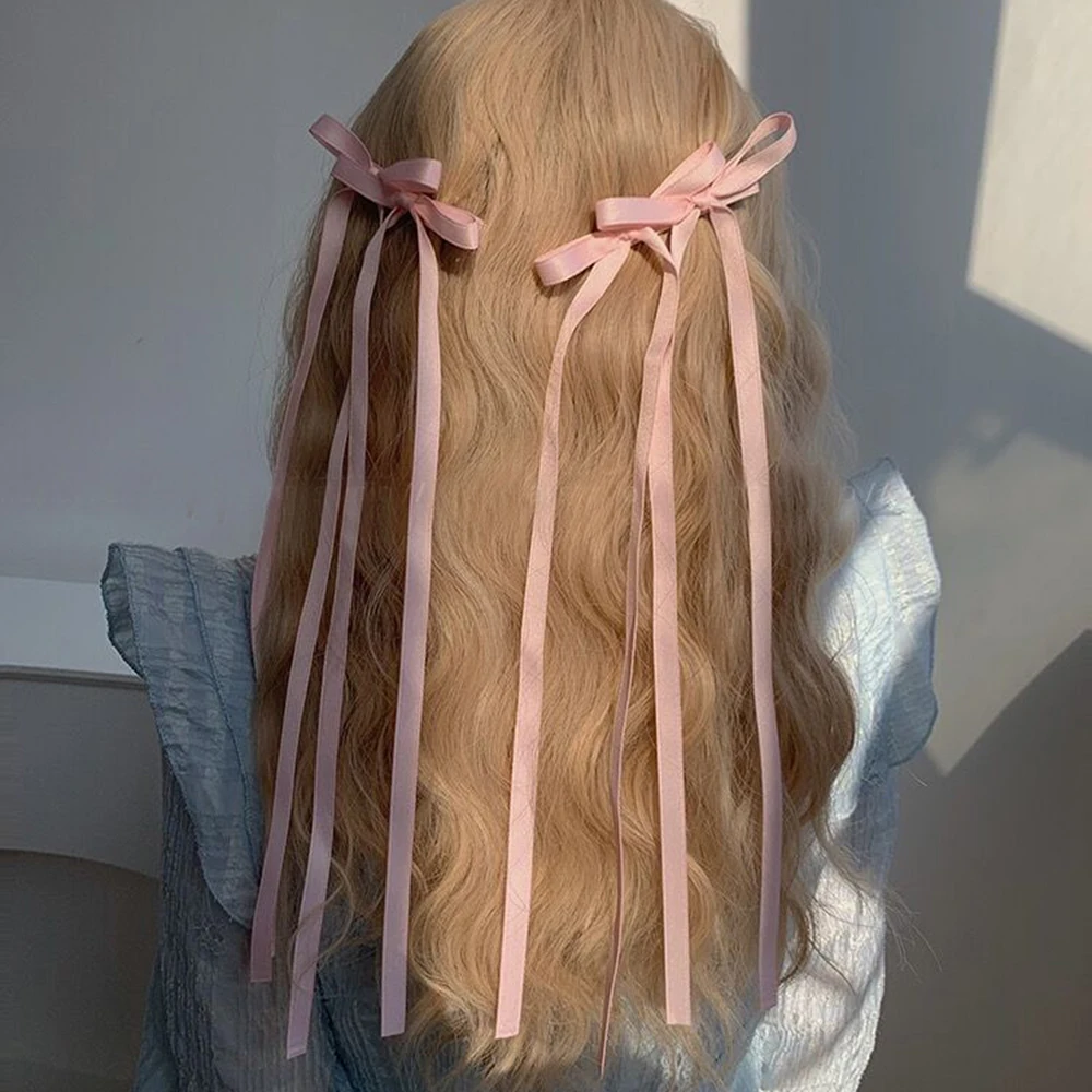 Bow Braided Hair Clip Women Summer Sweet Hairpin Girls Solid Color Ponytail Long Ribbon Bangs Clip Hair Accessories Headwear