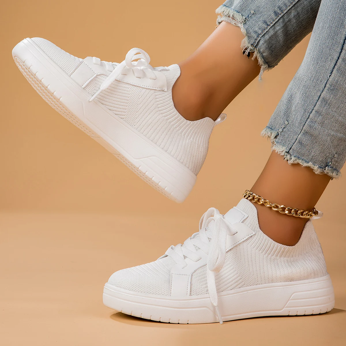 WomenShoes2023BreathableWhiteShoesLaceUpFlatsWomenMesh