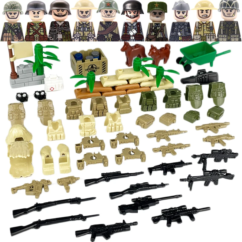 

WW2 Military Soldier Building Blocks Germany Soviet Italian Chinese US Figures Weapon Guns Army Battlefield Scene Bricks DIY Toy