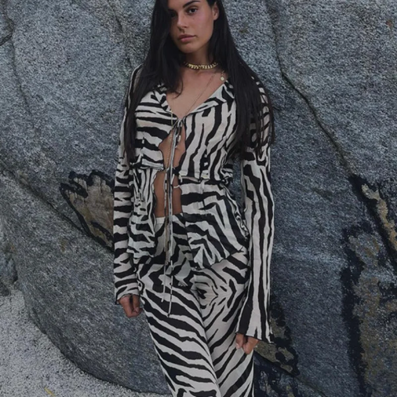 Two Piece Set 2023 European American Women's Striped Sexy Strapping Printed Long Sleeved Shirt Top Casual Strapping Pants