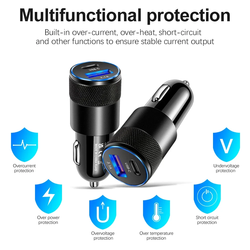 70W USB Car Charger Type C Fast Charging Phone Adapter For Xiaomi Huawei PD Phone Charger Car Adapter Socket Cigarette Lighter