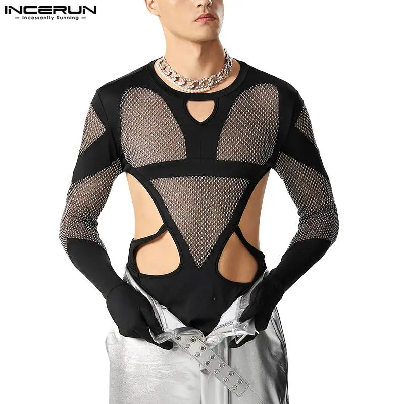 Men Bodysuits Mesh Patchwork Transparent Gloves Hollow Out Rompers Male T Shirts O-neck Long Sleeve Bodysuit S-5XL INCERUN