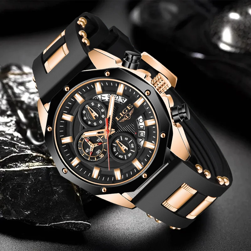 LIGE Business Silicone Watch For Men Fashion Military Sport Waterproof Men's Quartz Wristwatches Top Brand Luxury Big Watch Men