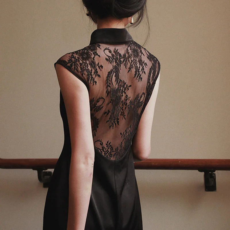

Three times of life Black Satin sleeveless modified cheongsam women's summer stitching backless dress