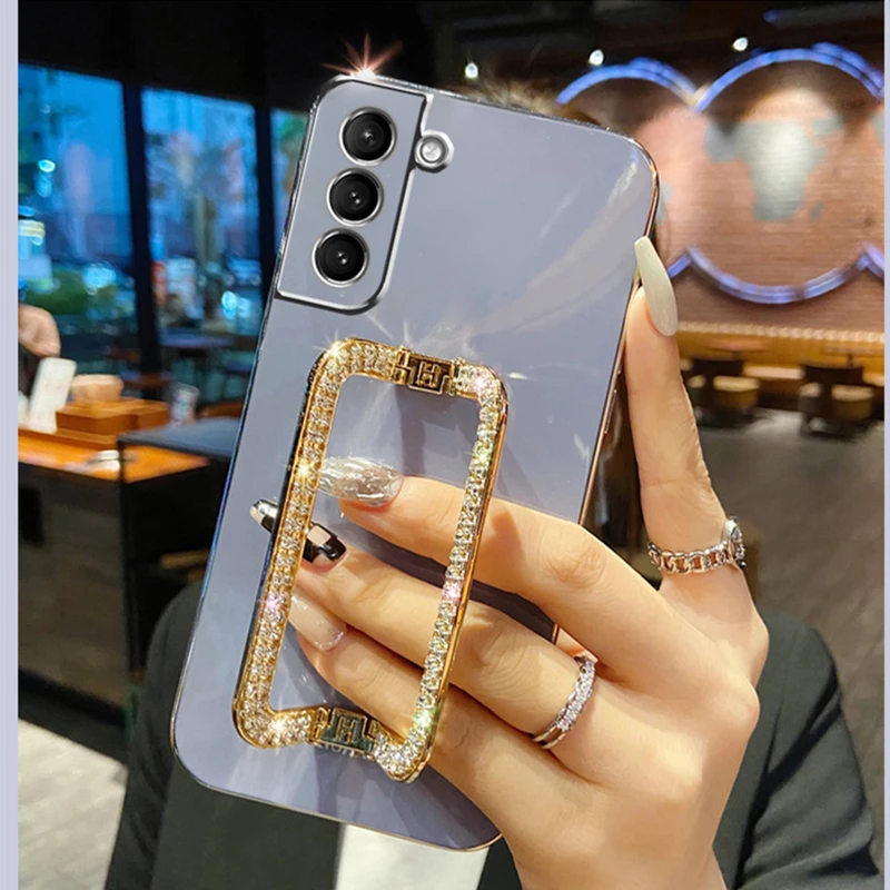 Phone Case Luxury Rhinestone Metal Holder Wrist Bracket Plating For Samsung Galaxy S23 S22 Ultra S21 FE Plus S20 A53 A22 A50