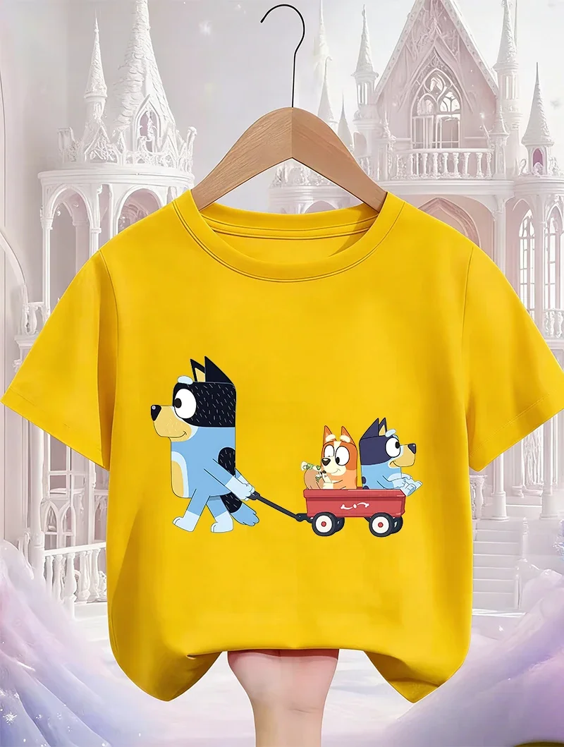 귀여운 카와이 어린이 티셔츠 블루이 인기 프린트 여름 스트리트 스타일 패션 탑 어린이용 3-14세