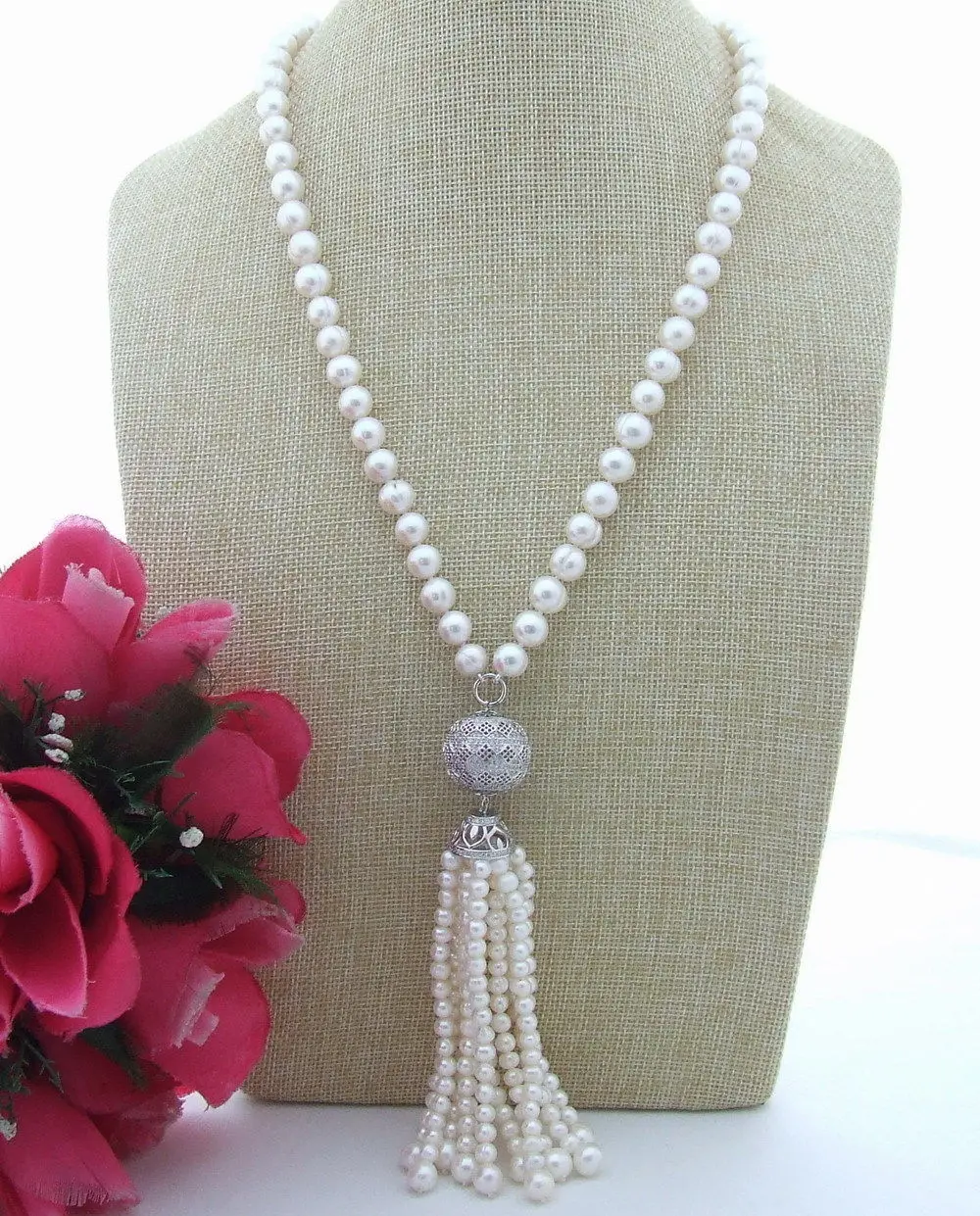 

Hand knotted 8-9mm white natural freshwater pearl micro inlay zircon tassel sweater chain necklace long 57cm fashion jewelry