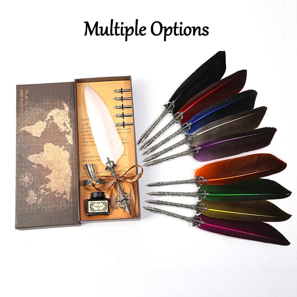 Retro Vintage Calligraphy Feather Dip Pen Fountain Pens Writing Ink Set Stationery
