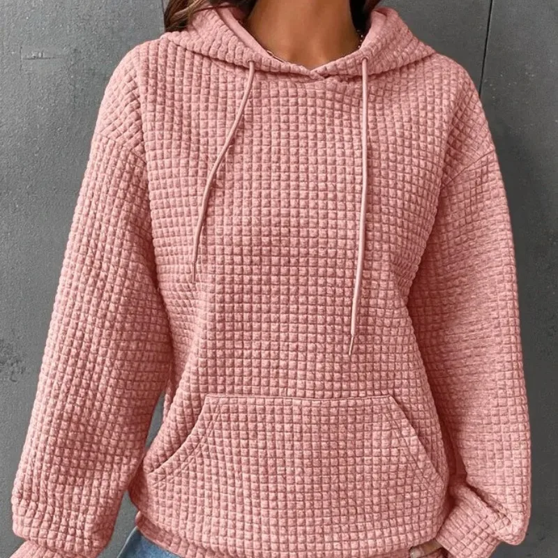 

Весенне-осенний Новый Повседневный свободный Женский свитшот с круглым вырезом и длинным рукавом с капюшоном и кулиской однотонные Модные топы с карманами