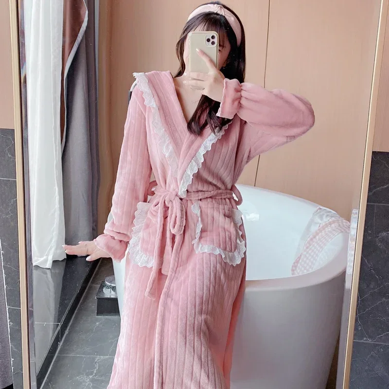 2022 Winter Long Sleeve Thick Warm Flannel Kimono Robes for Women Cute Lace Bathrobe Sleepwear Bath Robe Nightdress Night Dress