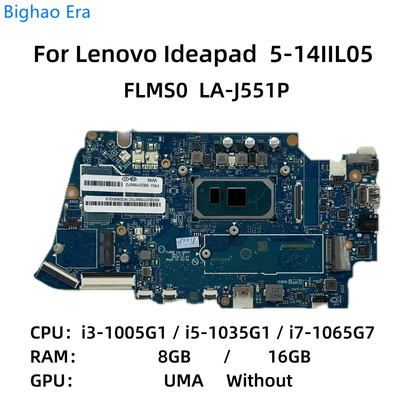 Женская материнская плата для ноутбука Lenovo Ideapad 5-14IIL05 с LA-J551P i3-1005G1 CPU 8GB/16GB-RAM UMA Fru:5B20Y88970