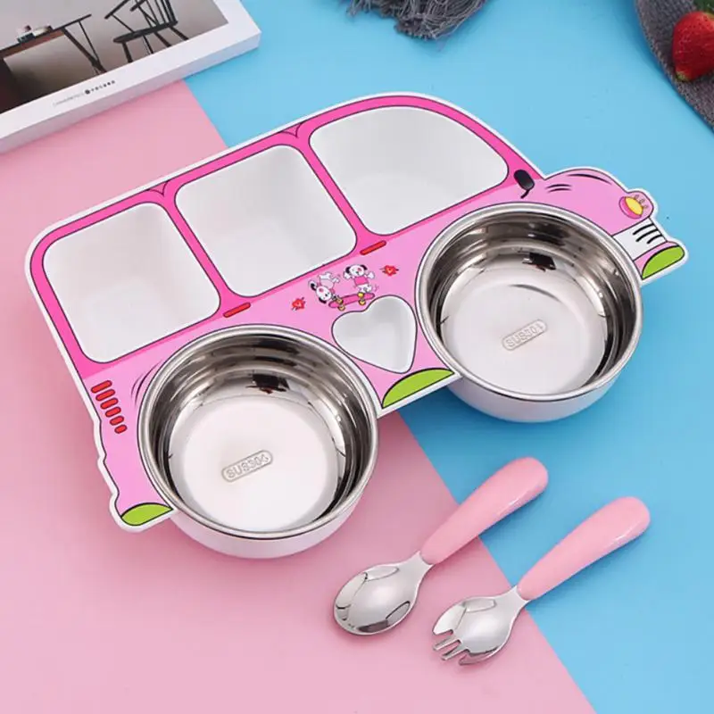 Stainless Steel Baby Feeding Bowl Children Tableware Set Cute Cartoon Car Shape Eating Training Dishes Plate with Spoon Fork