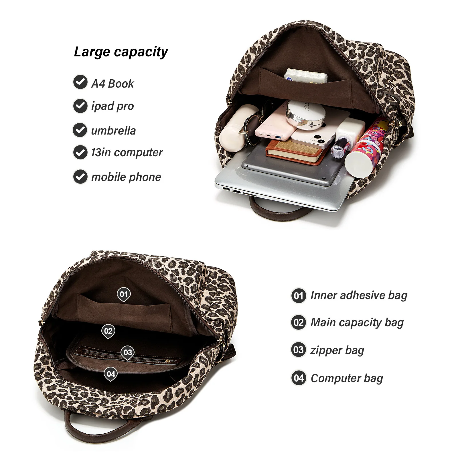 Retro Leopard Print Pu Leather Backpack s Large Capacity Double Traveling Bag Man Multi-pocket Women's Bag