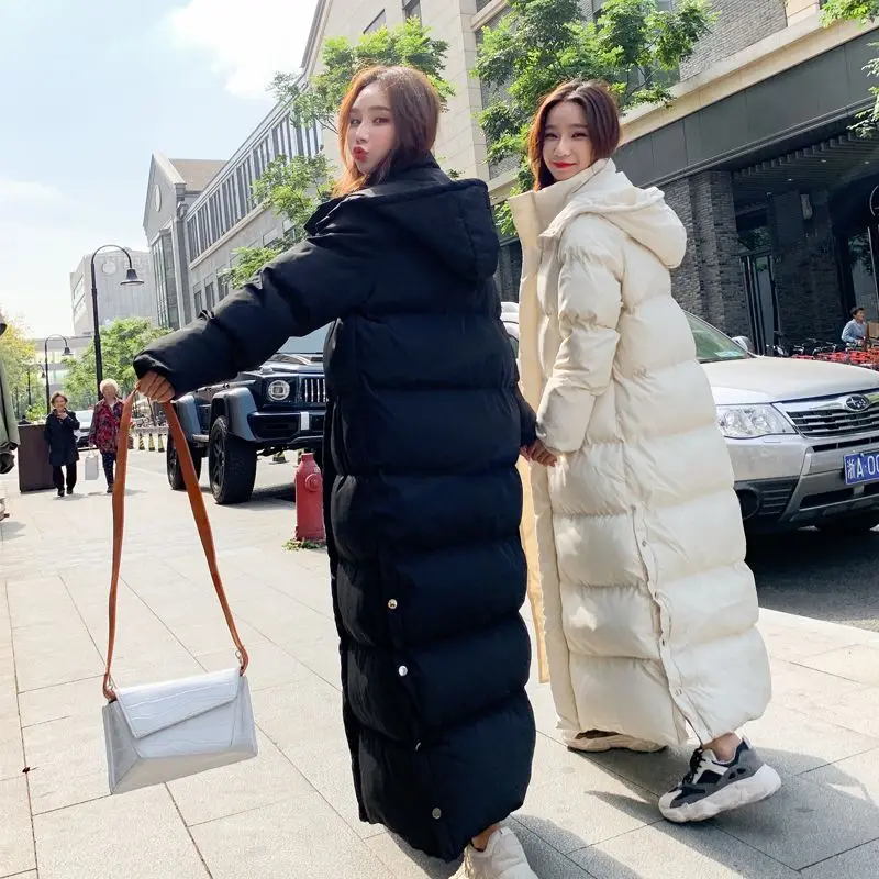 

2023 New Super Long Down Cotton Coat Women Khaki Hooded Parkas Winter Korean Style Thick Warmth Outwear Clothing Feminina L254