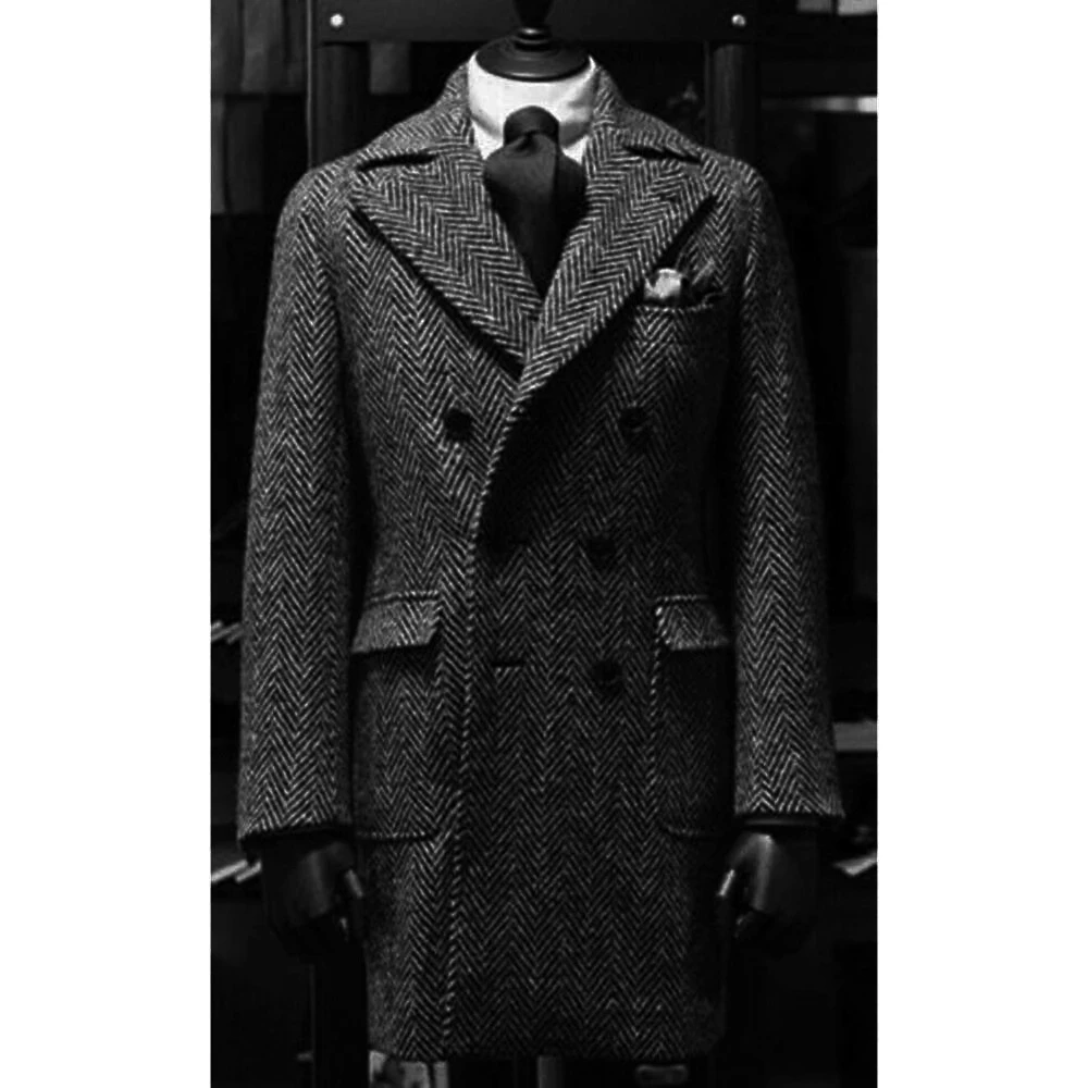 Men's Suit Long Jacket Dark Grey Herringbone Double Breasted Wedding Casual Slim Fit Man Suit Blazer Luxury Man Set Coat Men men suits jackets