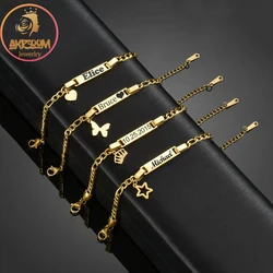 Akizoom Custom Engrave Name Baby Bracelet Star Heart Stainless Steel Jewelry for Newborn Kids Figaro Chain Custom Birthday Gift