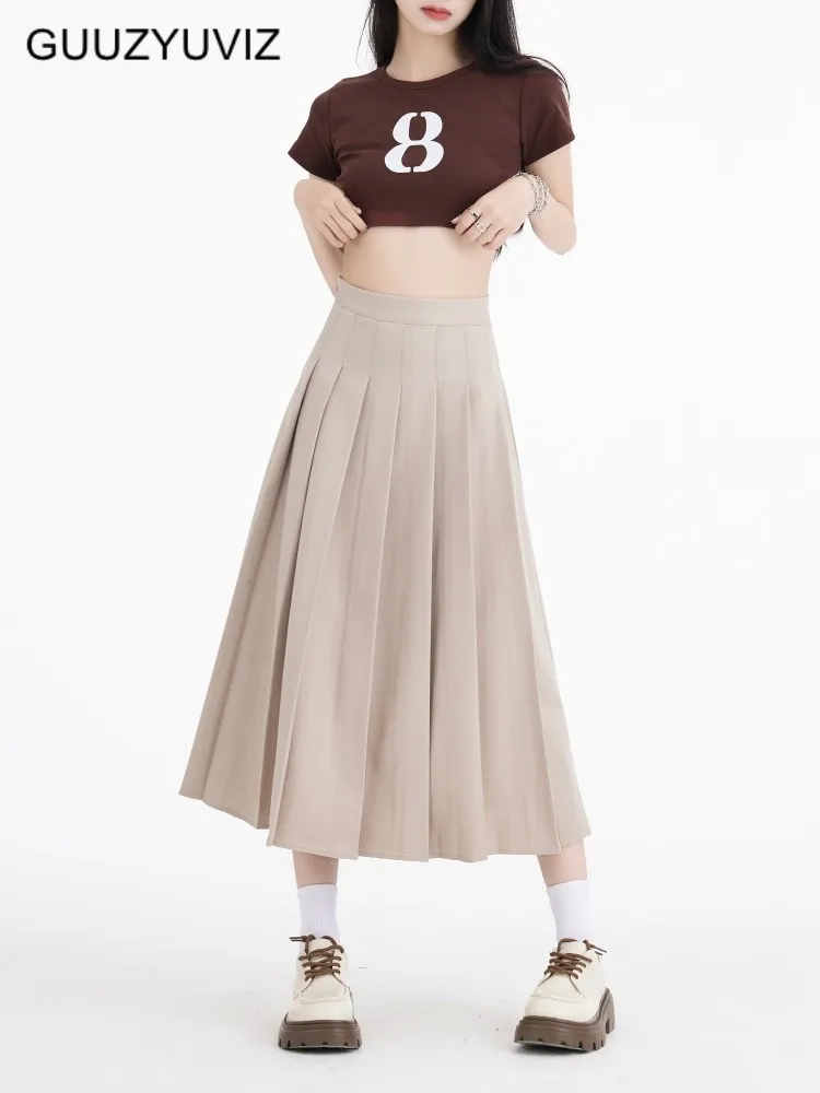 

GUUZYUVIZ Summer A Line Pleated Skirt Women High Waist Casual Balck Grey Apricot