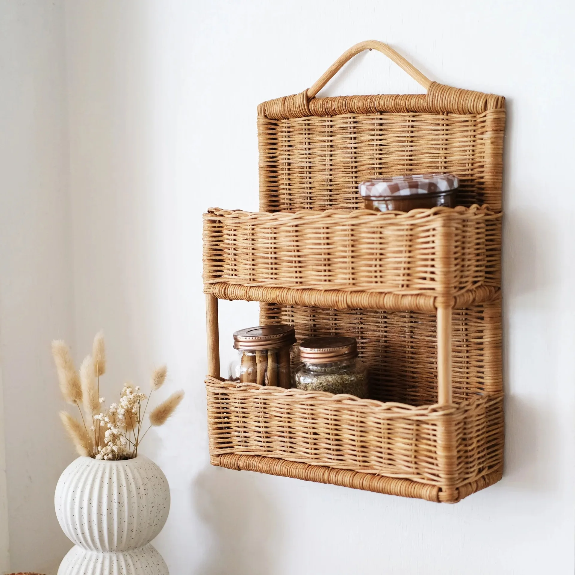 

Nordic style rattan wall-hung basket B&B decoration storage basket hand-woven storage box solid wood double-layer storage basket