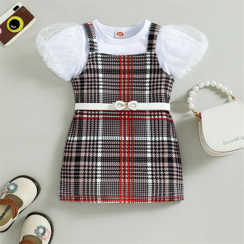 FOCUSNORM 0-18M Fashion Baby Girls 3pcs Clothes Sets Mesh Puff Sleeve Solid T Shirts+Plaid Printed Suspender Skirt+ Leather Belt baby floral clothing set