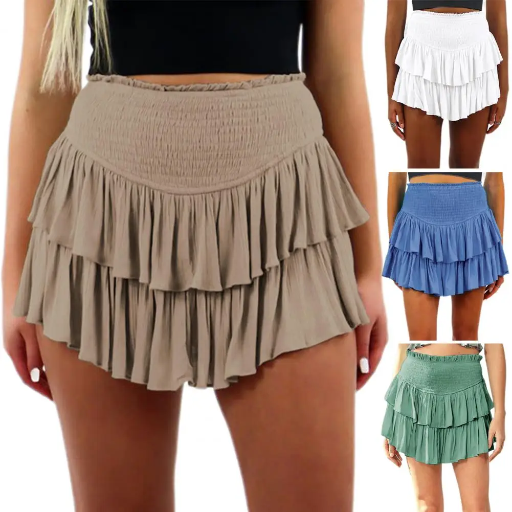 

Women Skirt Flattering High Waist Pleated Skirts Stylish Layered Ruffle Hem Floral Pleated Shorts for Women's Summer Fashion