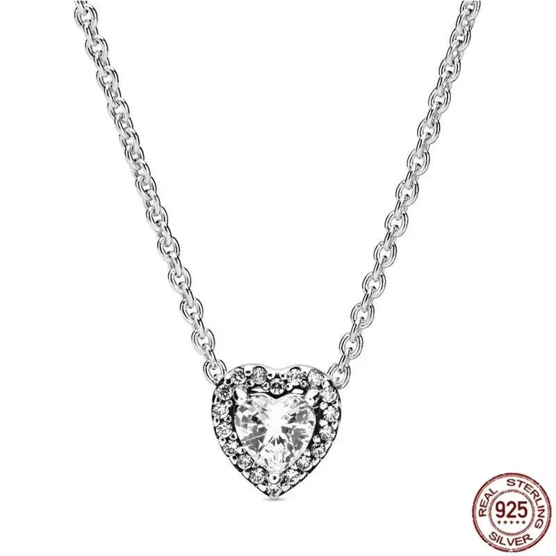 925 Sterling Silver Square Pendant Necklace, Fit Original Pandora, Presentes de Jóias Clássicos, Brilhante, Redondo, Corações, DIY, Casal