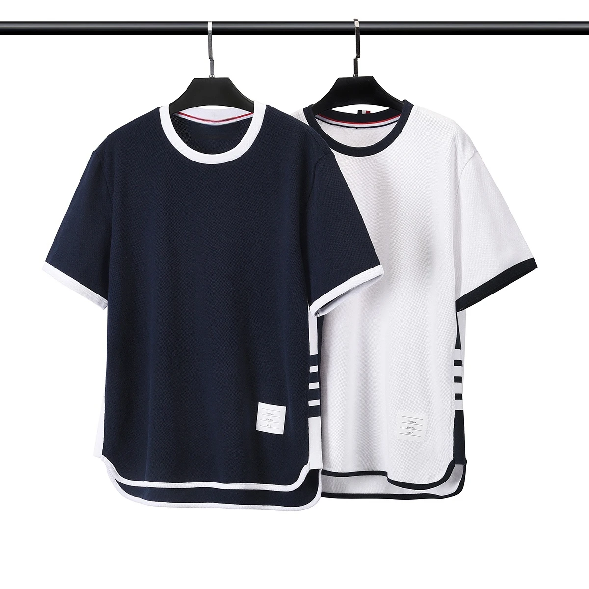 

Men's T-shirt summer round collar cotton four bars version sweat absorption leisure short sleeves