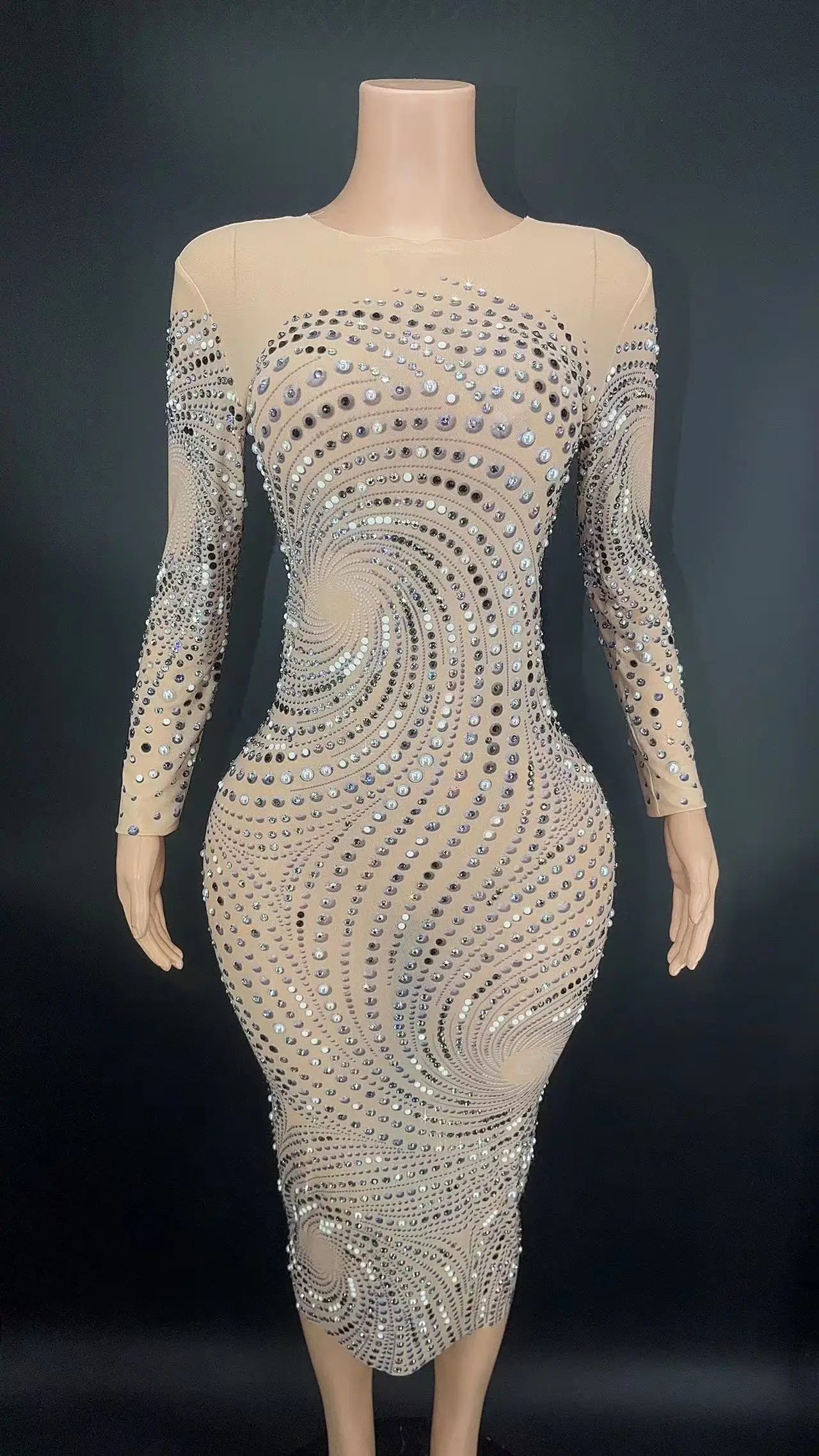

Women Party Dress Long Sleeve Stretch Mesh Diamonds Beading Glitter Sparkle Mini Short Bodycon Dress Birthday
