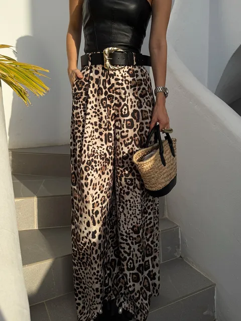UNIZERA Raso leopardato con cintura Pantaloni a vita alta Pantaloni a gamba larga Abbigliamento donna 2025 Nuovi arrivi estivi Pantaloni casual 4
