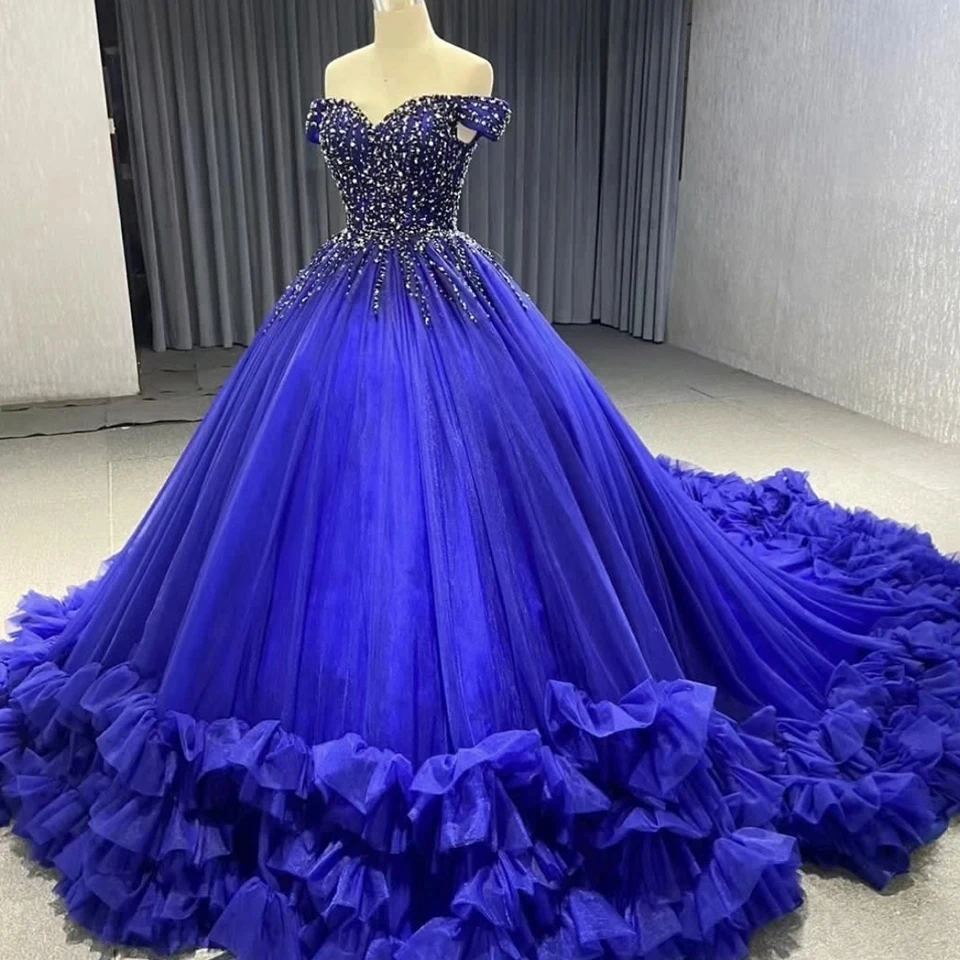

Saudi Arabic Royal Blue Quinceanera Dresses Off Shoulder Crysal Lace Up Sweet 16 Dress Birthday Party Prom Gown Vestido 15 14