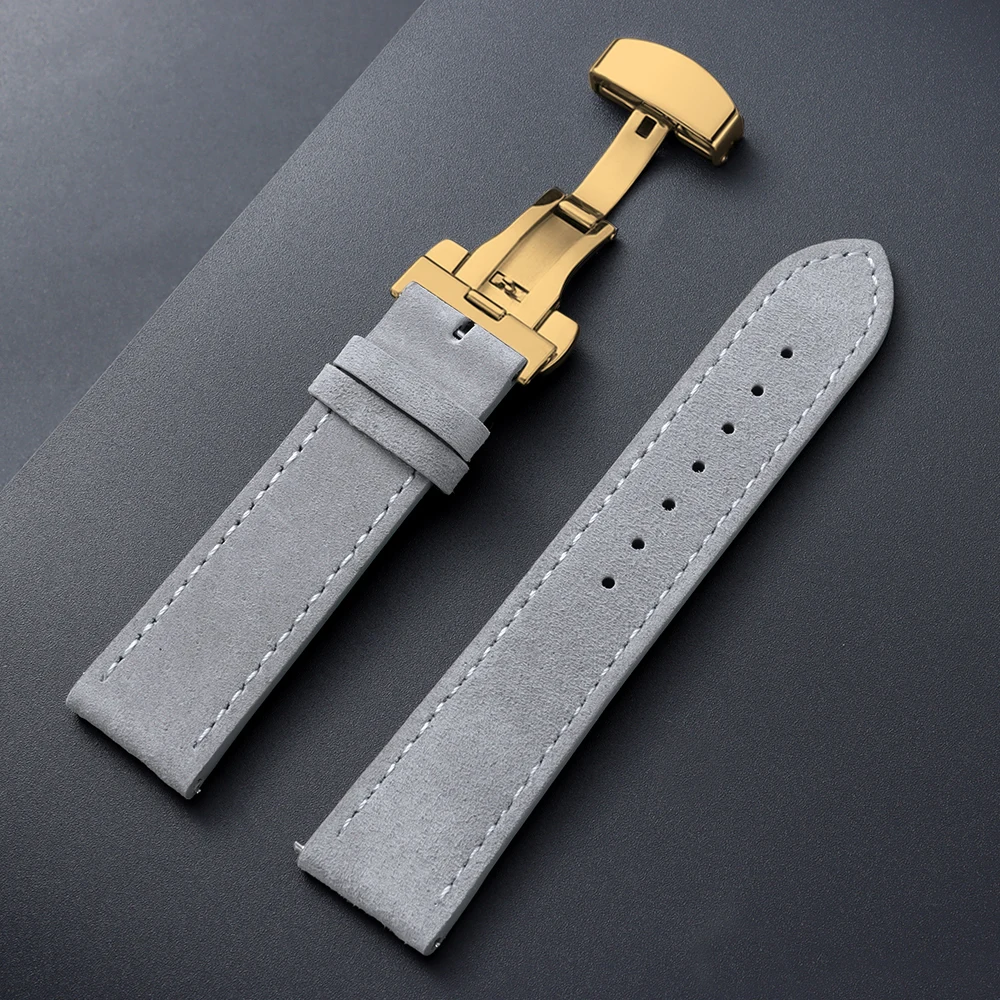 Vintage Suede Cowhide Watch Strap with Butterfly Buckle Bracelet - Sport Wristband