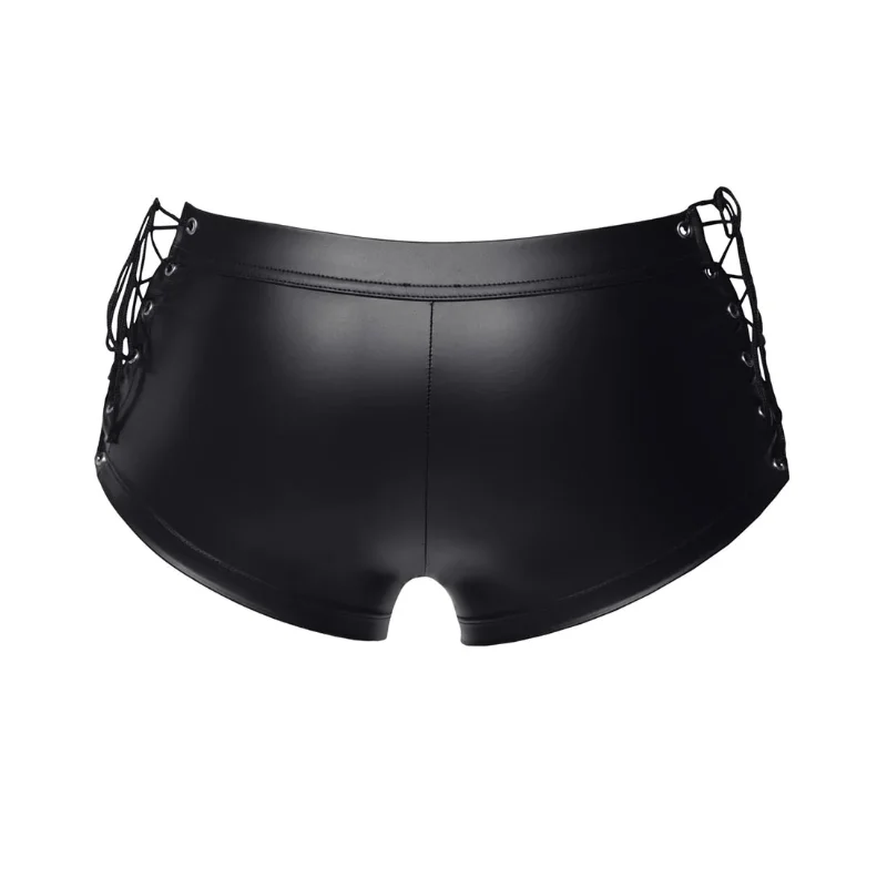 Men Faux Leather Exotic Pants Lacing Hollow Out Wetlook Zipper Open Crotch Shorts Fetish Tight Low Waist Latex Trousers Bondage