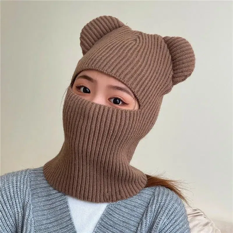 New Wome's Cute Full Face Cover Ski Mask Hat with Bear Ear Balaclava Knitted Hats Windproof Skullies Beanies Bonnet Winter Warm 4