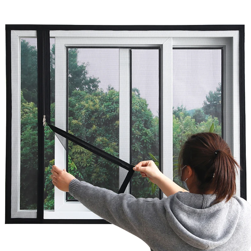 Black, Customized size，mosquito repellent, window mesh, self-adhesive mosquito net for window, zipper type home screen window
