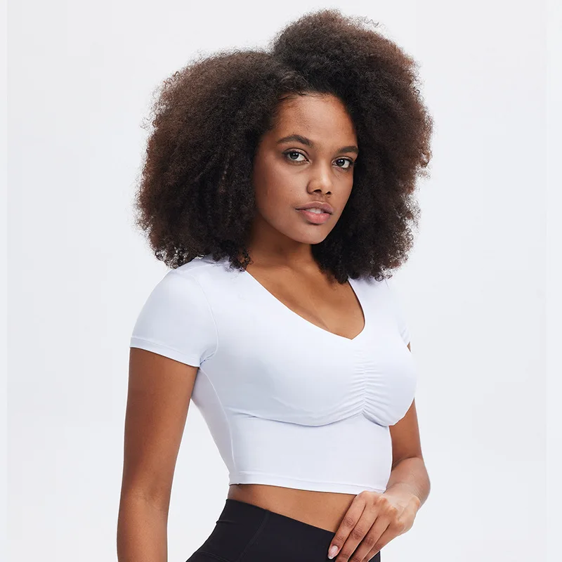SHINBENE V Neck Front Scrunch Compression Yoga Top Slin Fit Short Sleeve  Athletic T-Shirt Crop Top for Women - AliExpress