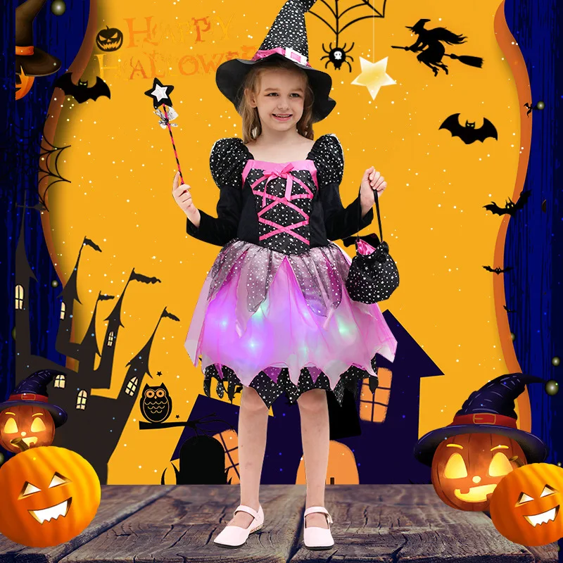 

Halloween Witch Costume Sparkly Silver Stars Printed Carnival Cosplay Dress with Pointed Hat for Kid Girl Wand Dress Up Clothes