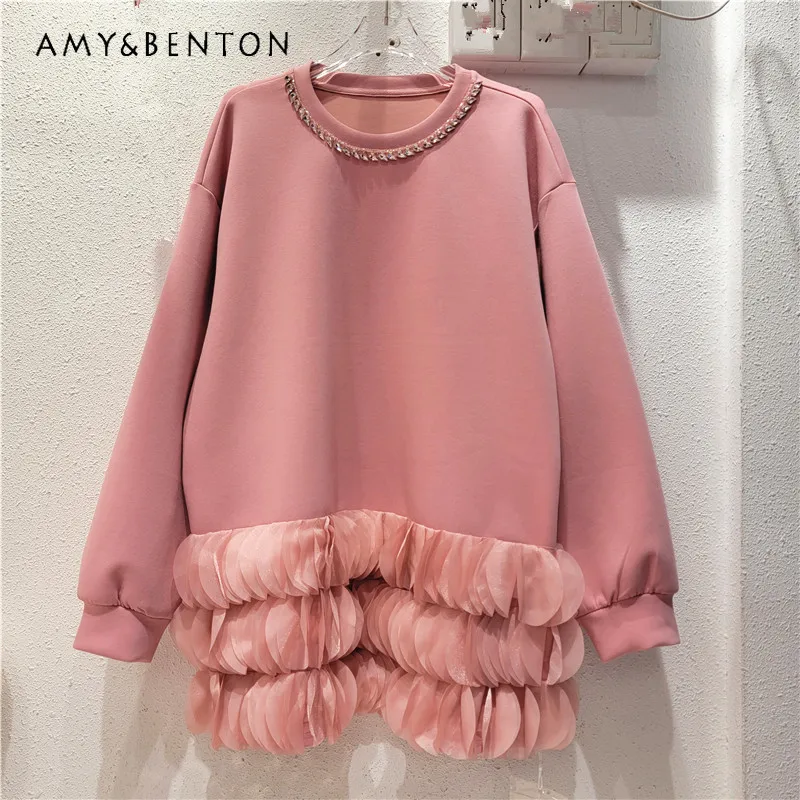 2023-winter-new-round-neck-top-heavy-industry-rhinestone-hem-stitching-petals-versatile-loose-long-sleeves-sweatshirts-for-women