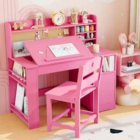 Ensemble bureau et chaise d'étude pour enfants avec rangement, bureau d'étude pour enfants avec hutch et inclinable, table en bois avec rangement pour enfants pour écrire 1