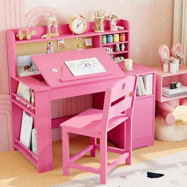Ensemble bureau et chaise d'étude pour enfants avec rangement, bureau d'étude pour enfants avec hutch et inclinable, table en bois avec rangement pour enfants pour écrire 1