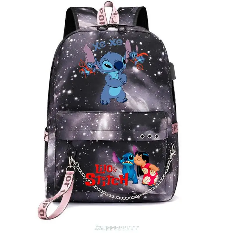 Disney Stitch Backpacks Women Men Student USB Charge Canvas Backpack Print School Bag Teenager Girls Ribbons Mochila