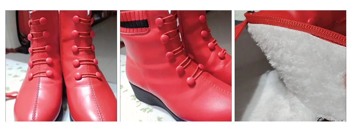 Knöpfe rote Keil Socken Stiefel für Frauen Winter Fell gefüttert Kunstleder Schuhe weibliche Stiefeletten Damen Stiefeletten Frau Plattform Stiefel – Detail 6
