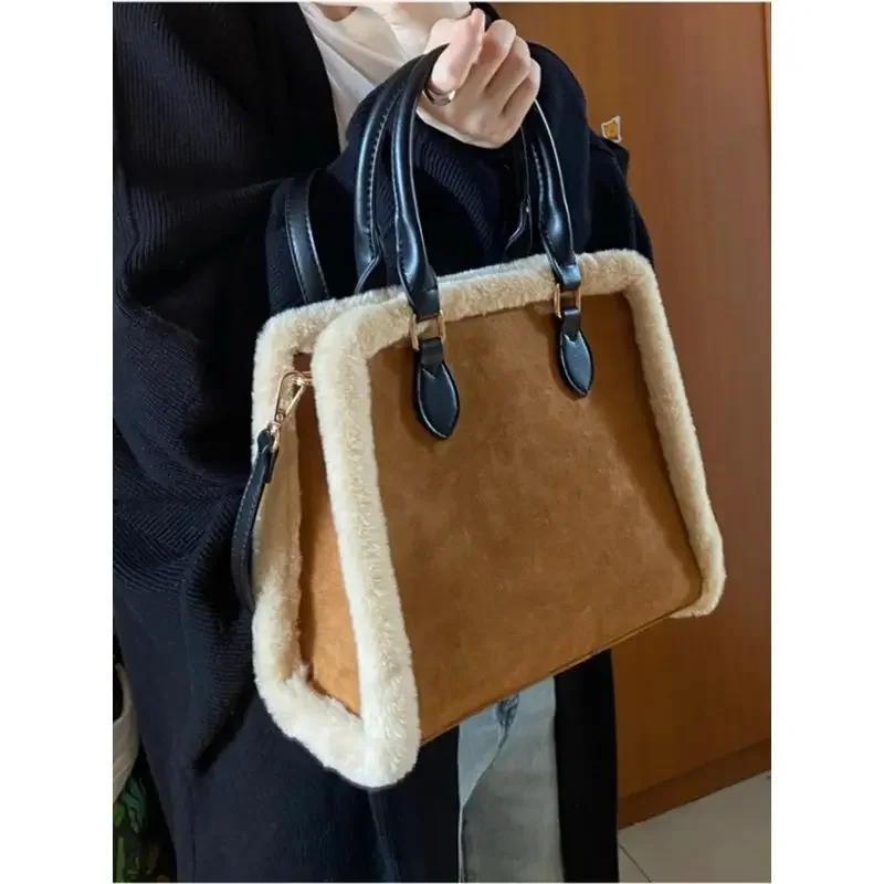 Fashion Lambswool Tote Bag Faux Fur Women Handbags Pu Leather Patchwork Shoulder Crossbody Bags Large Capacity Winter Purse 2023