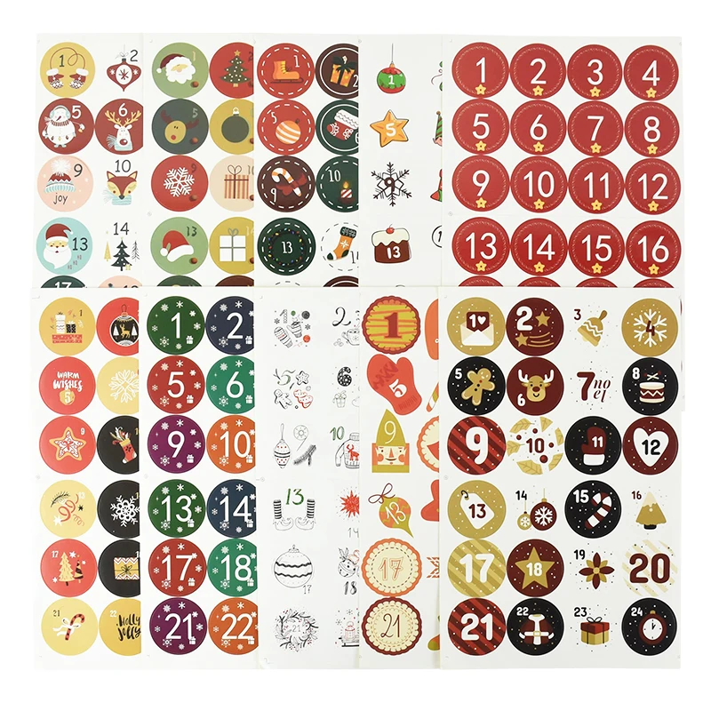 24pcs Merry Christmas Number Paper Stickers Advent Calendar Seal Sticker Xmas Party DIY Gift Packaging Adhesive Label Decoration