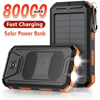 Solar Power Bank 80000mAh Portable Charging Poverbank External Battery Charger Strong Light LDE Light for All Smartphones
