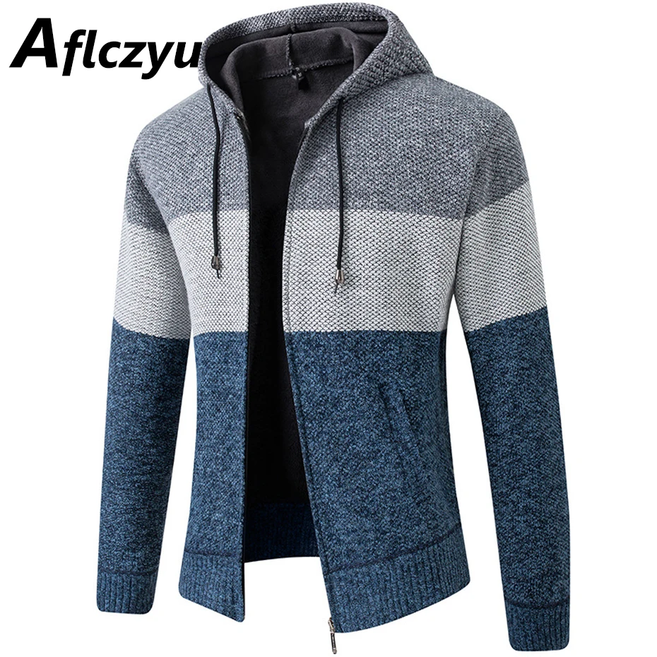 Knitted Jacket Men Fashion Patchwork Jacket Coat Autumn Winter Knitted Coat Male Warm Outerwear Color Block Hooded Jackets men thick patchwork sweaters male cable knit pullovers warmer color block slim sweater o neck korean stylish pattern