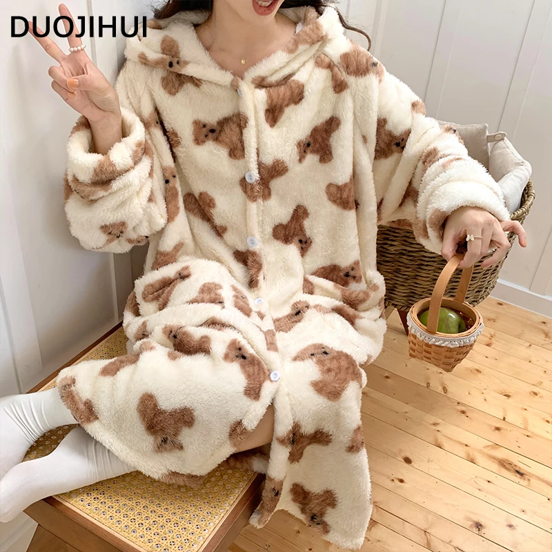 DUOJIHUI Winter Flannel Thick Warm Hooded Female Sleepwear Loose Chicly Printing Single Breasted Simple Fashion Robes for Women