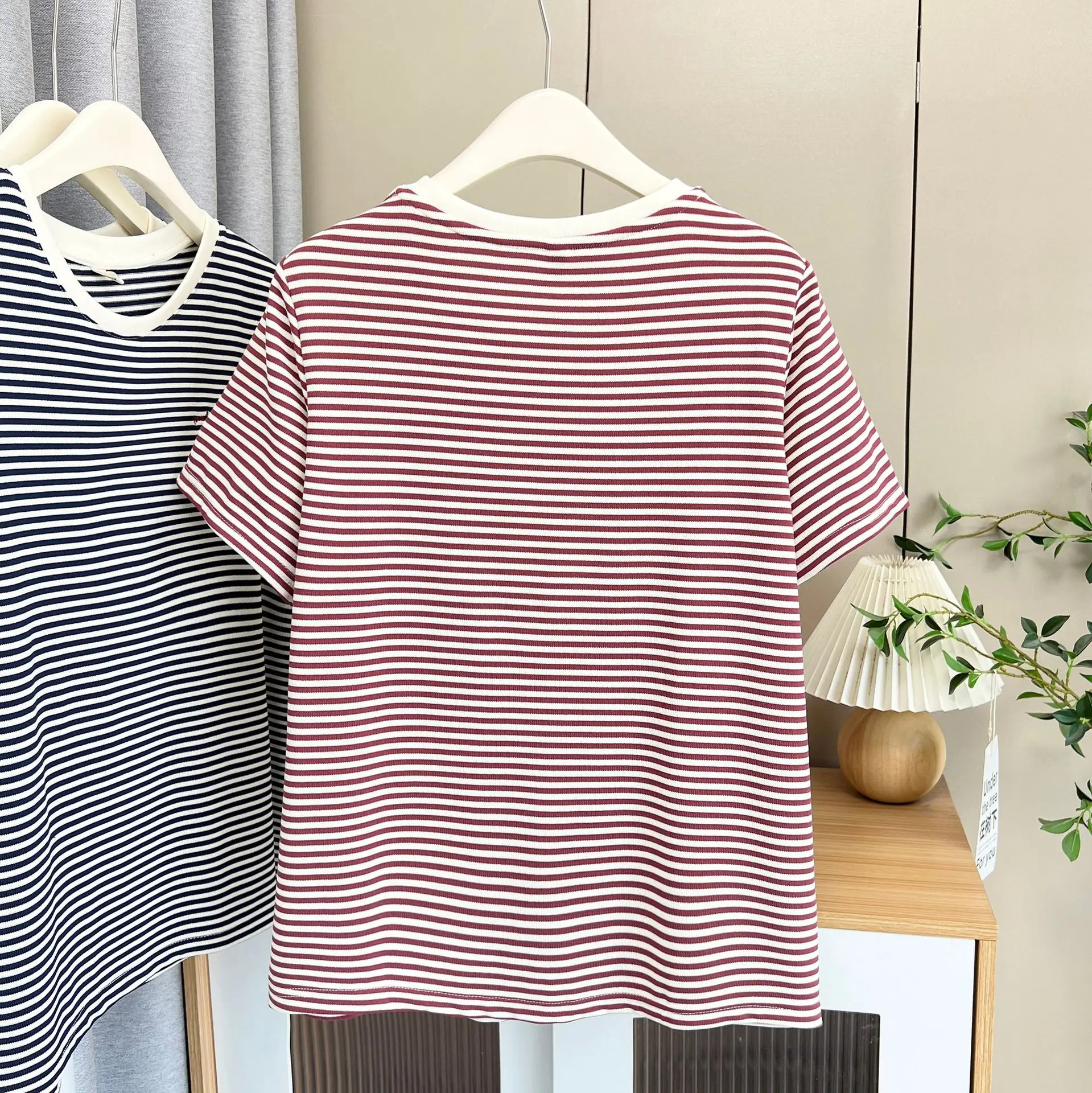 2025 Summer Plus Size Top New 100kg Casual Round Neck Tees Striped Embroidery Short Sleeve Women T-shirt 8015