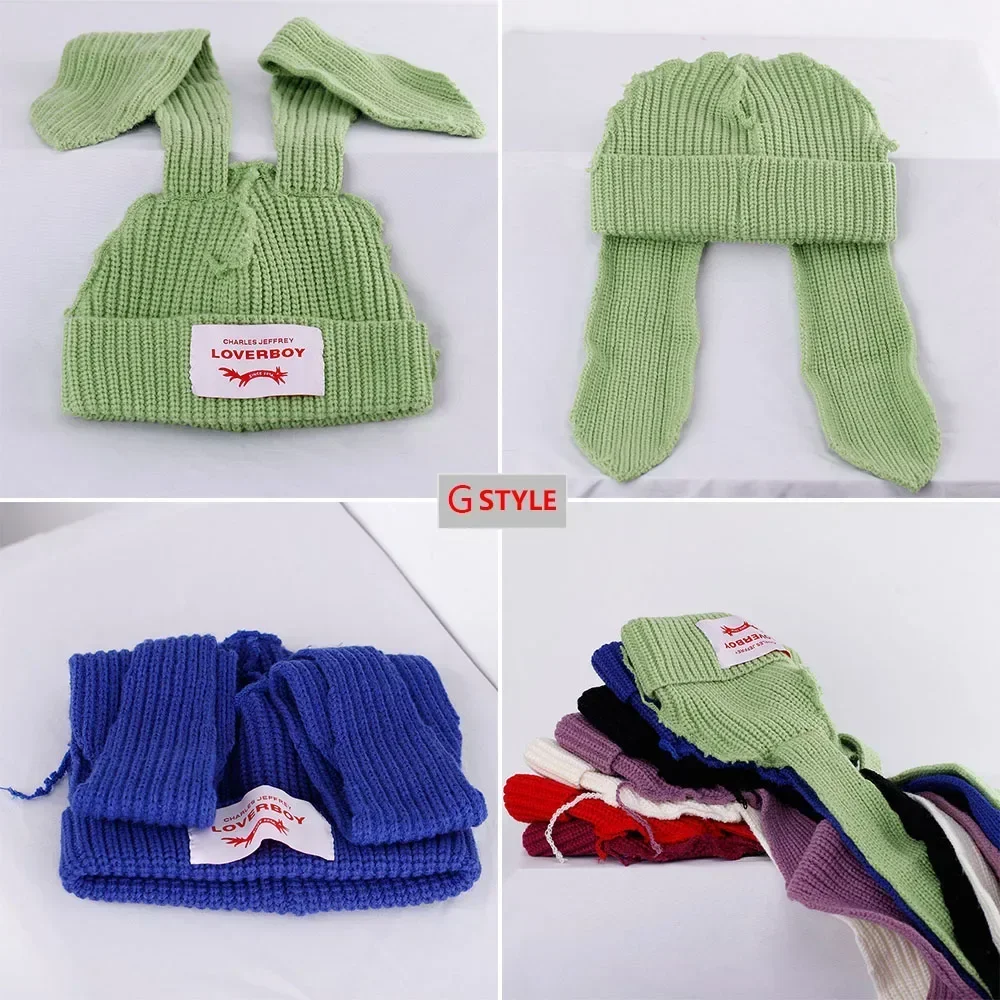 Winter Skullies Cute Women Long Ears Fox Hat Lover Hooded Cap Crochet Knitted Costume Beanie Hats Women Christmas Gift Hip-hop