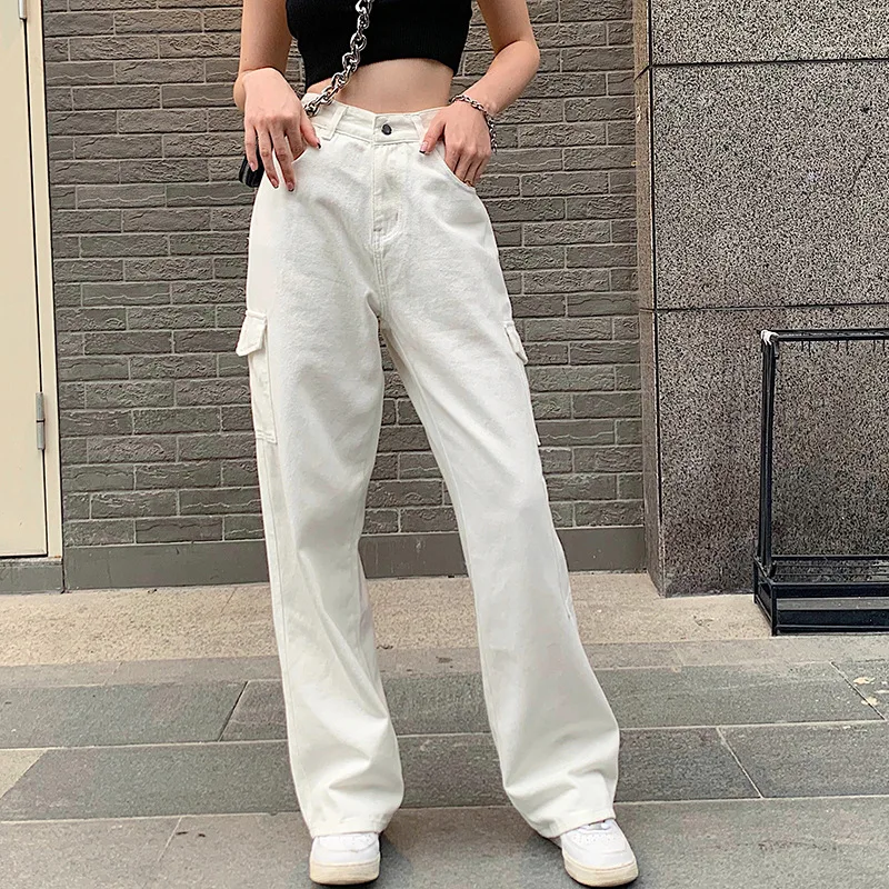 

Women's New Summer Casual Loose Fitting Wide Leg Jeans Korean Version Dad Pants Pocket High Waisted Straight Leg Pants