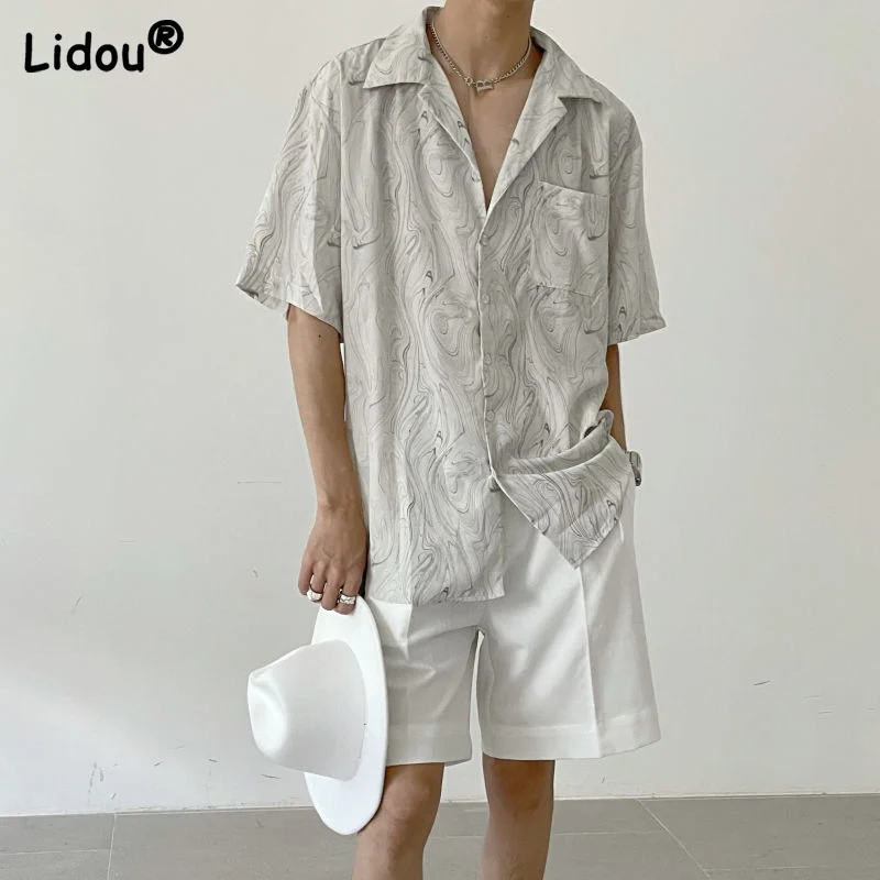 High Street Casual Wave Pattern Pocket Short Sleeve Man Shirt Summer Loose Patchwork Personality Design Temperament Handsome Top